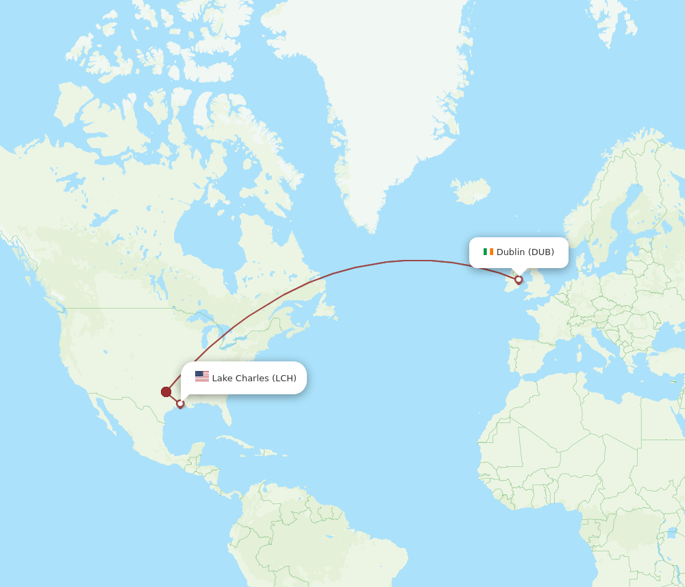 Lake Charles - Dublin route map and flight paths