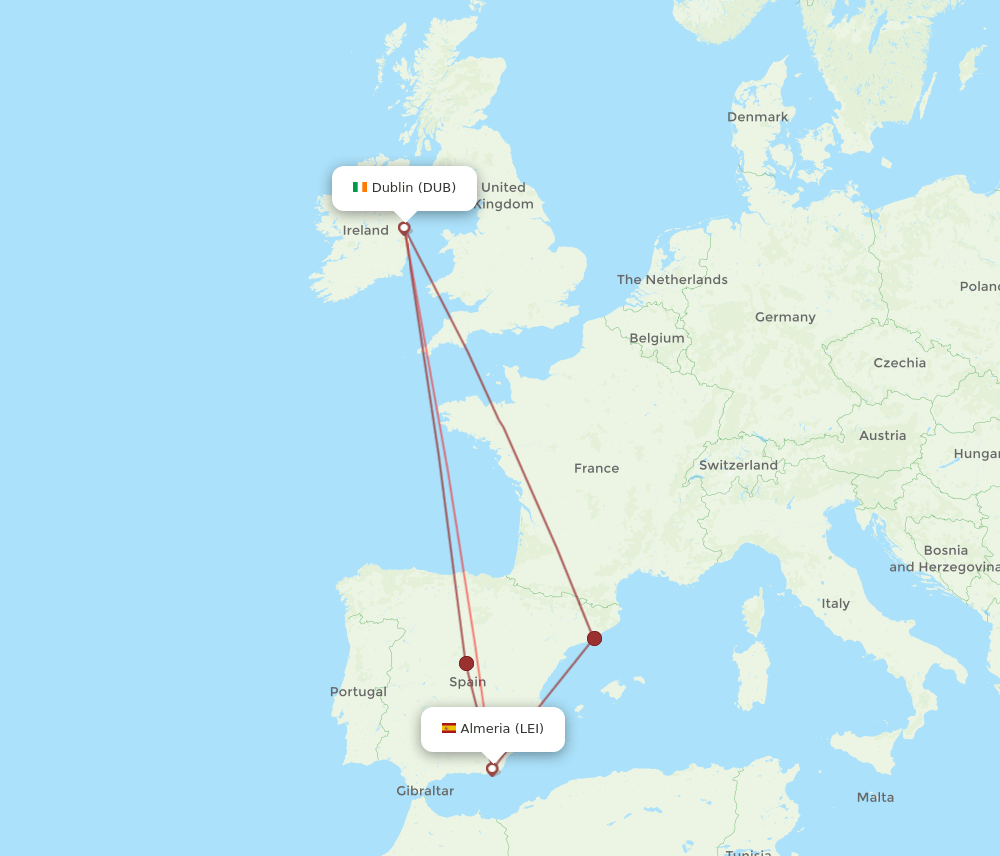 DUB to LEI flights and routes map
