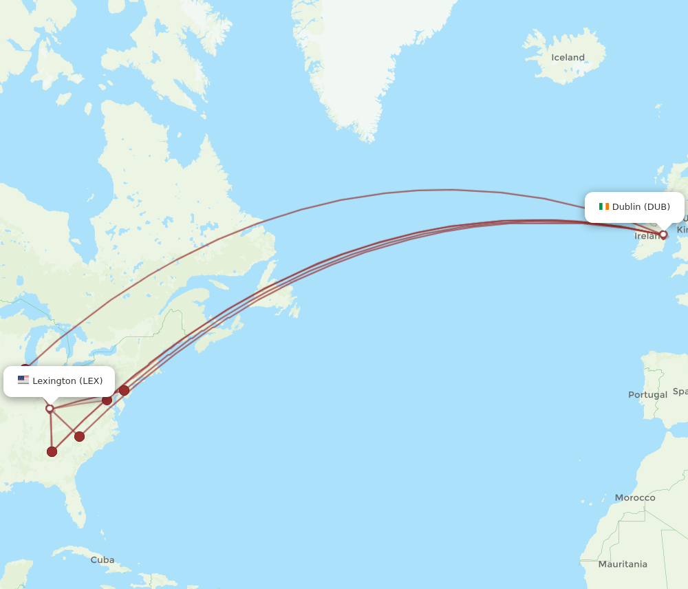 DUB to LEX flights and routes map