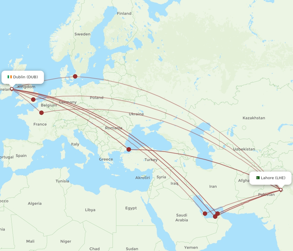 DUB to LHE flights and routes map