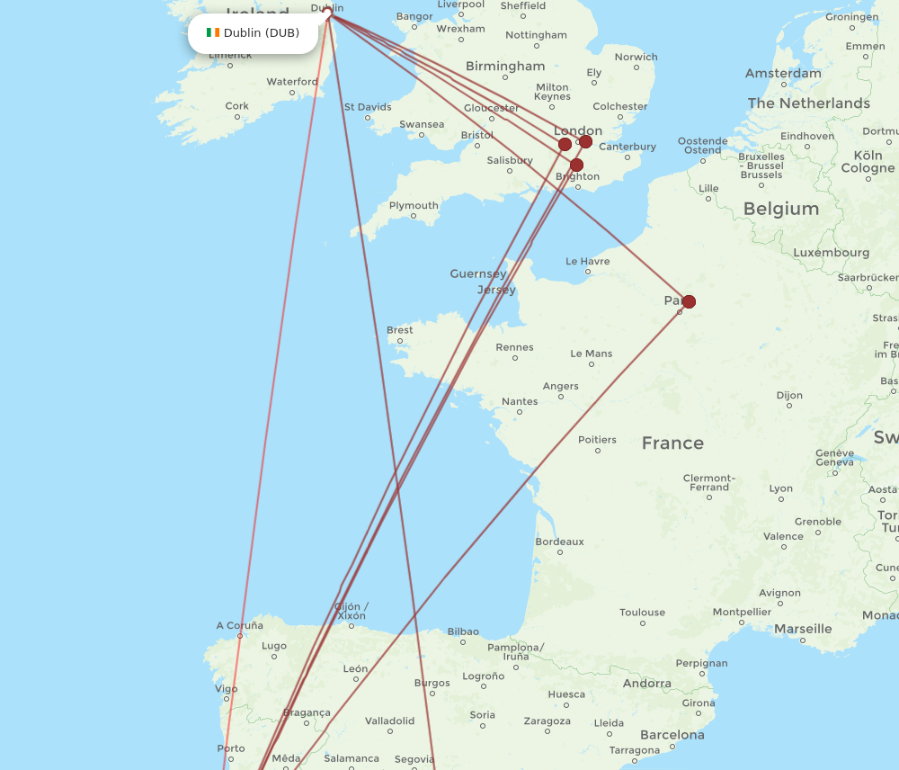 DUB to LIS flights and routes map