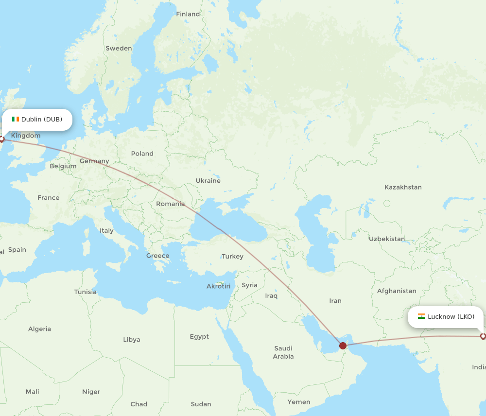 Dublin - Lucknow route map and flight paths