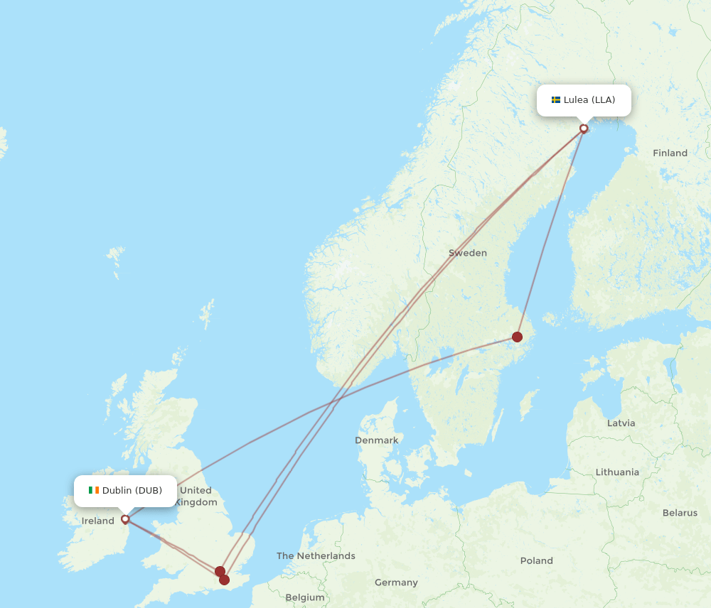 DUB to LLA flights and routes map