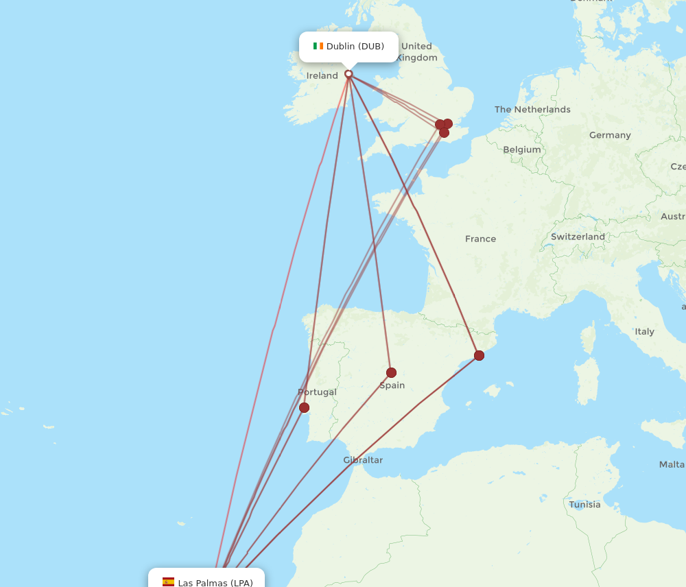 DUB to LPA flights and routes map