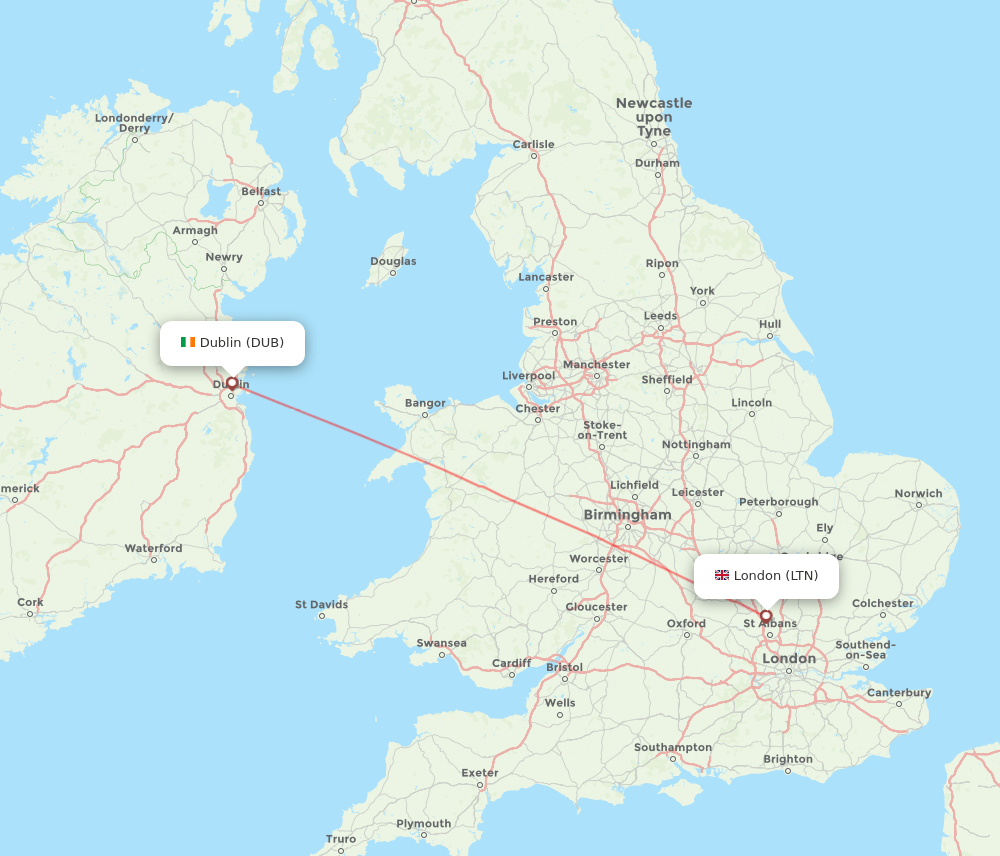 DUB to LTN flights and routes map