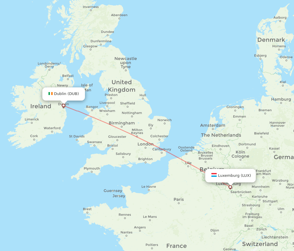 DUB to LUX flights and routes map