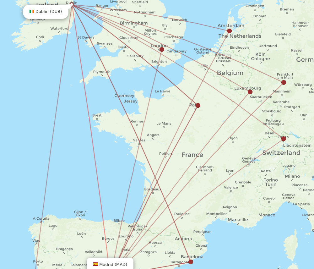 DUB to MAD flights and routes map