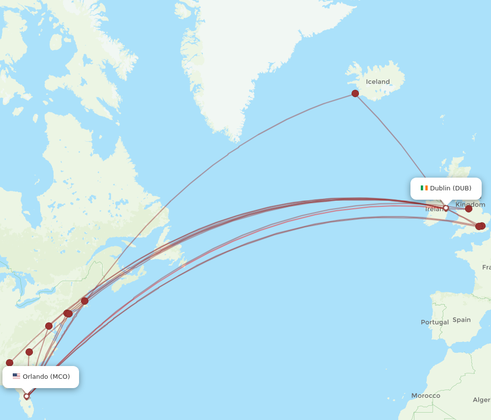 DUB to MCO flights and routes map