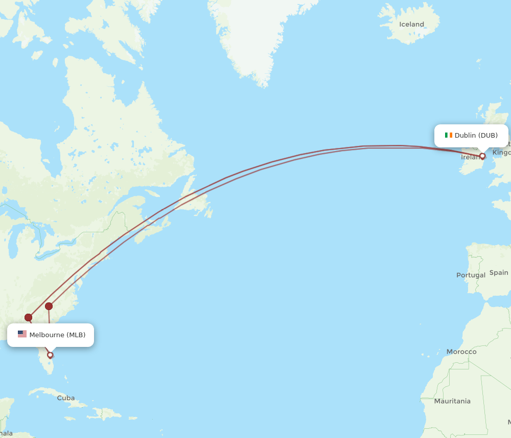 DUB to MLB flights and routes map