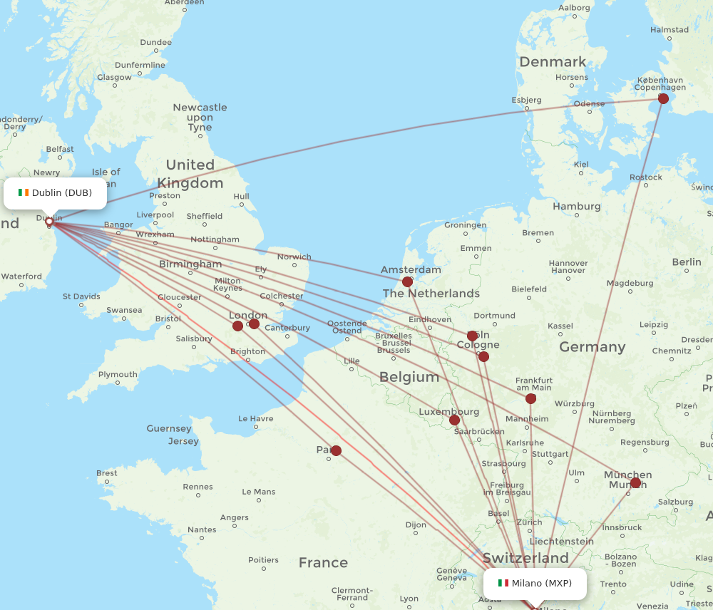 DUB to MXP flights and routes map