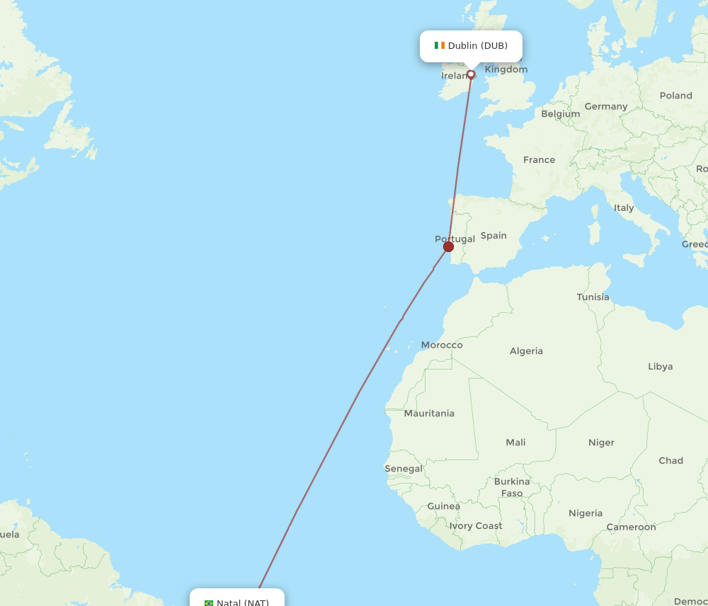 DUB to NAT flights and routes map