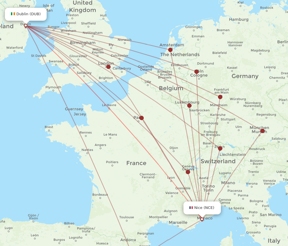DUB to NCE flights and routes map