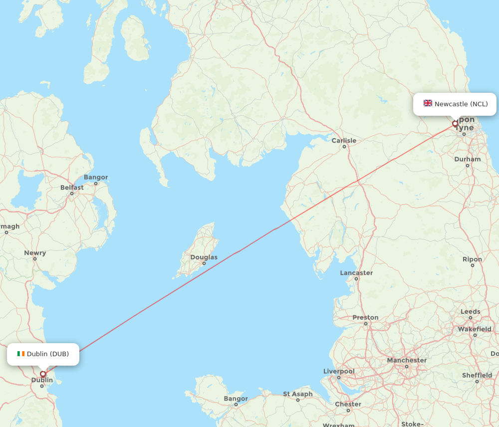 DUB to NCL flights and routes map