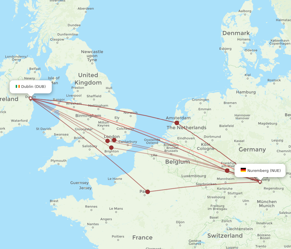 DUB to NUE flights and routes map
