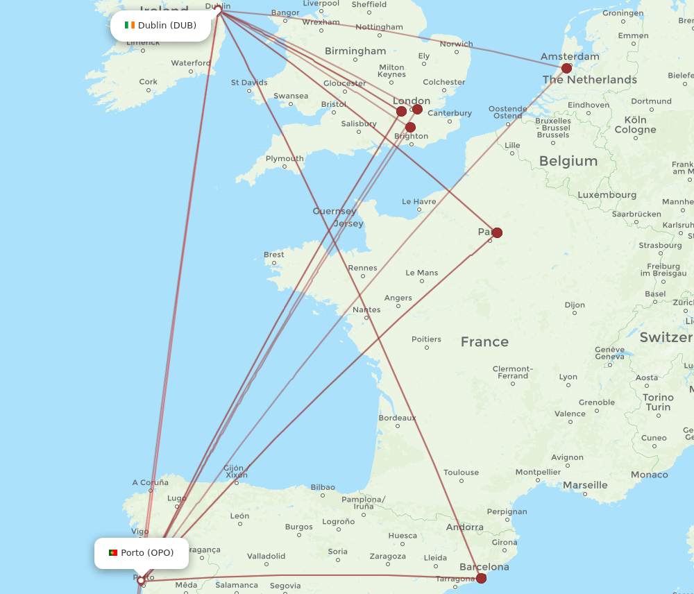 DUB to OPO flights and routes map