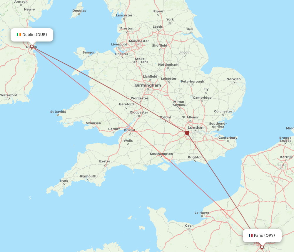 Dublin - Paris route map and flight paths