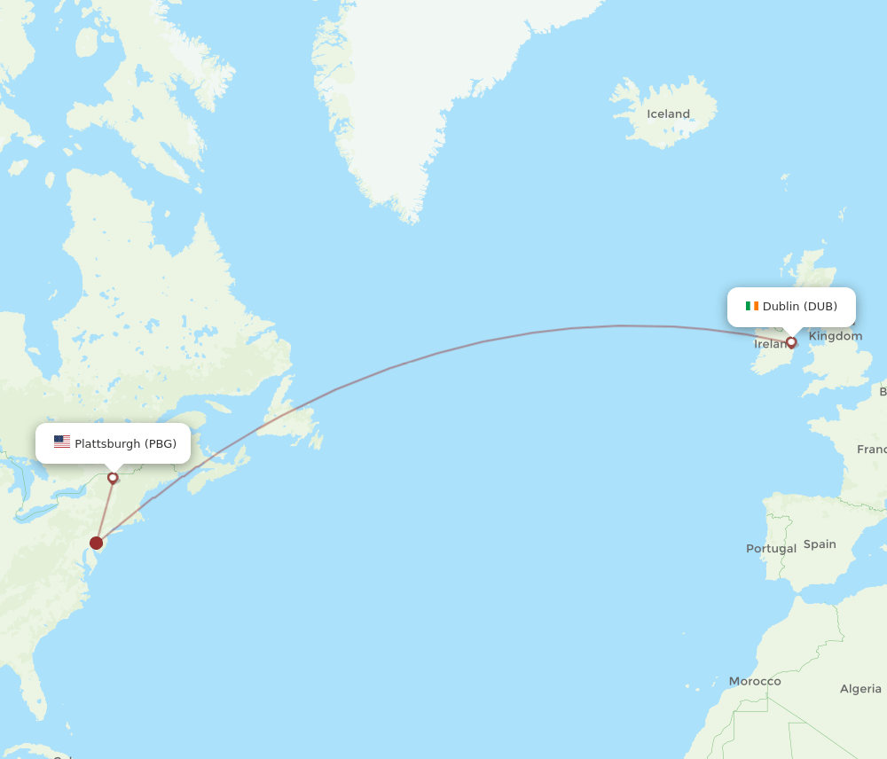 DUB to PBG flights and routes map