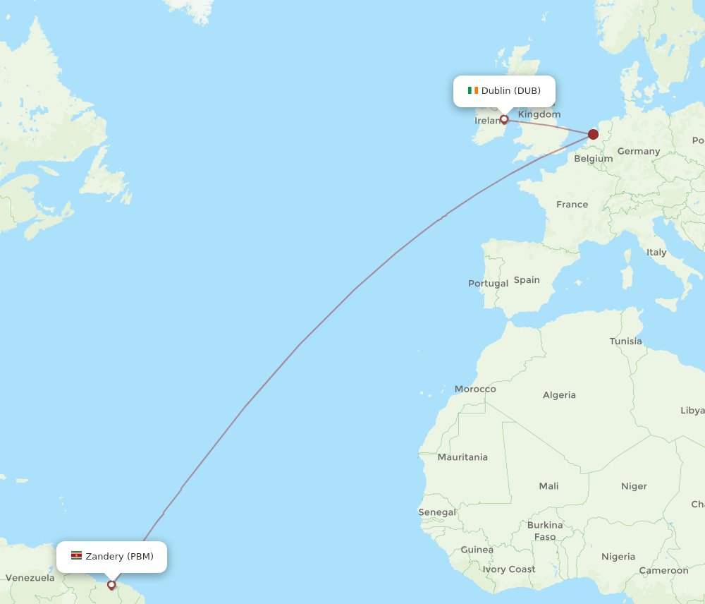 DUB to PBM flights and routes map