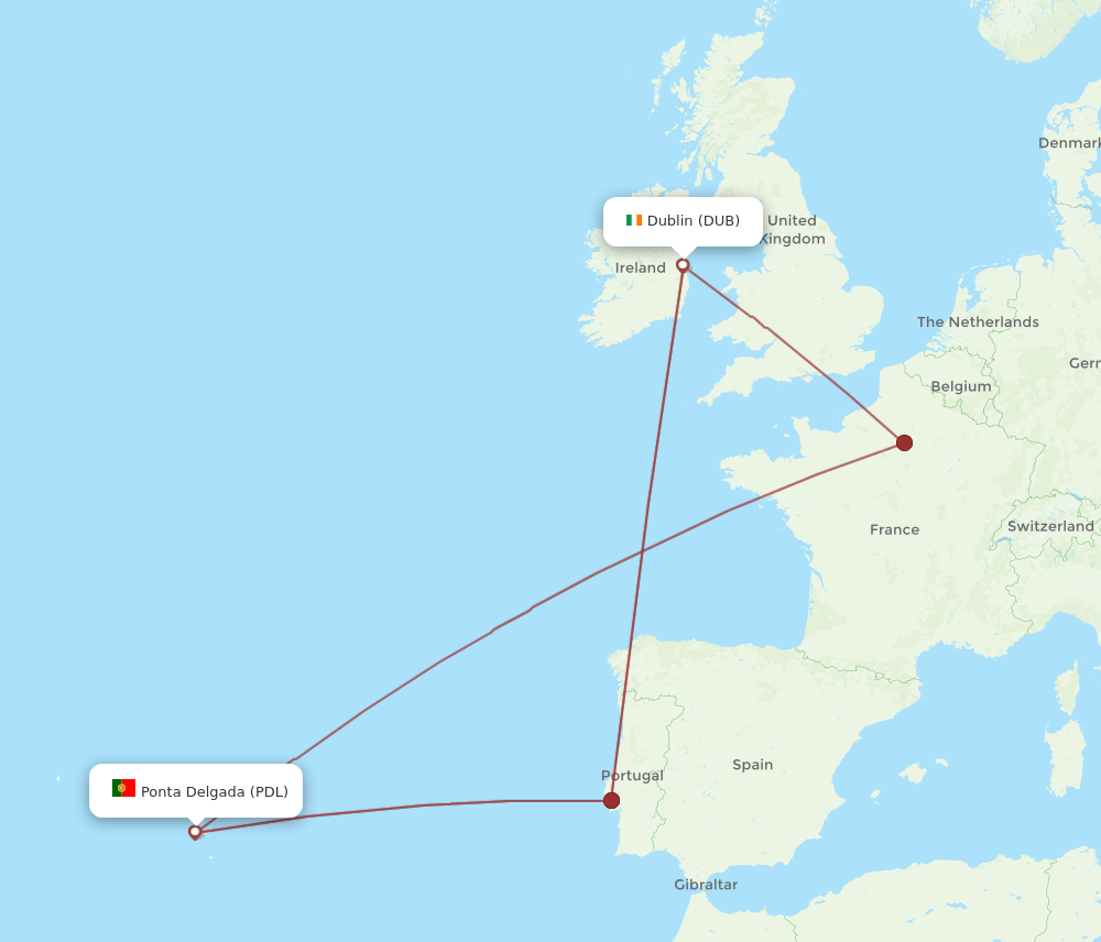 DUB to PDL flights and routes map