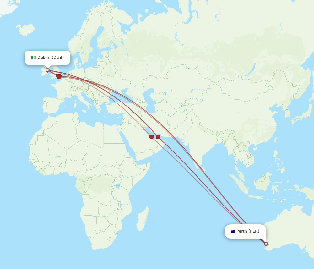 DUB to PER flights and routes map