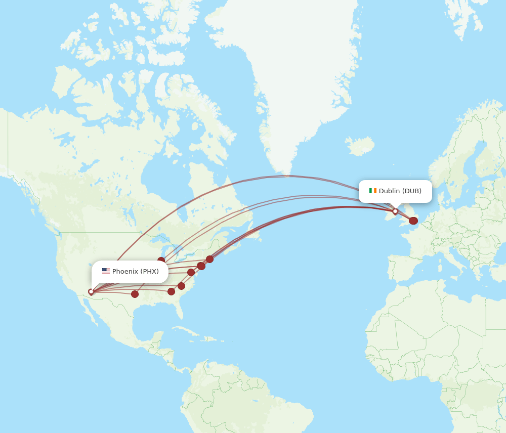 DUB to PHX flights and routes map