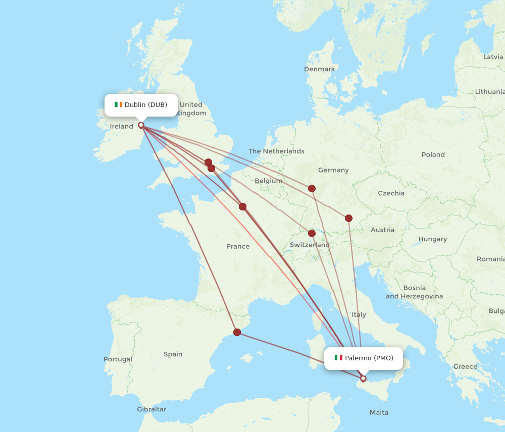 DUB to PMO flights and routes map