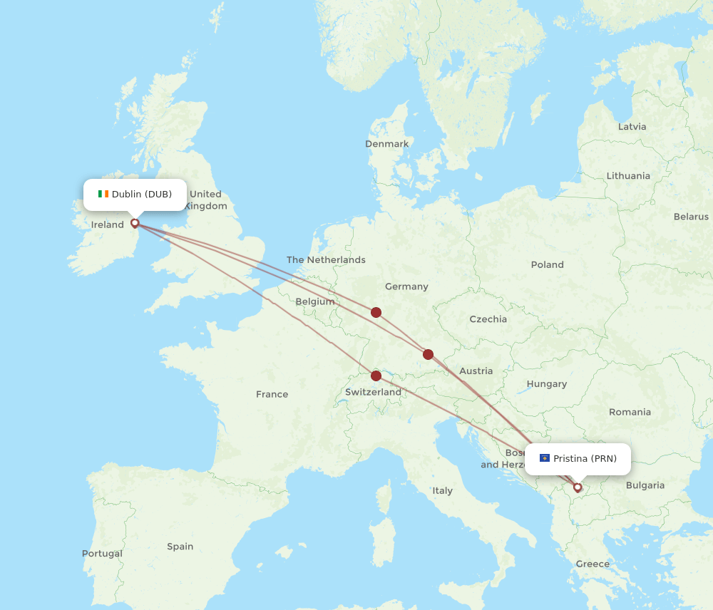 DUB to PRN flights and routes map