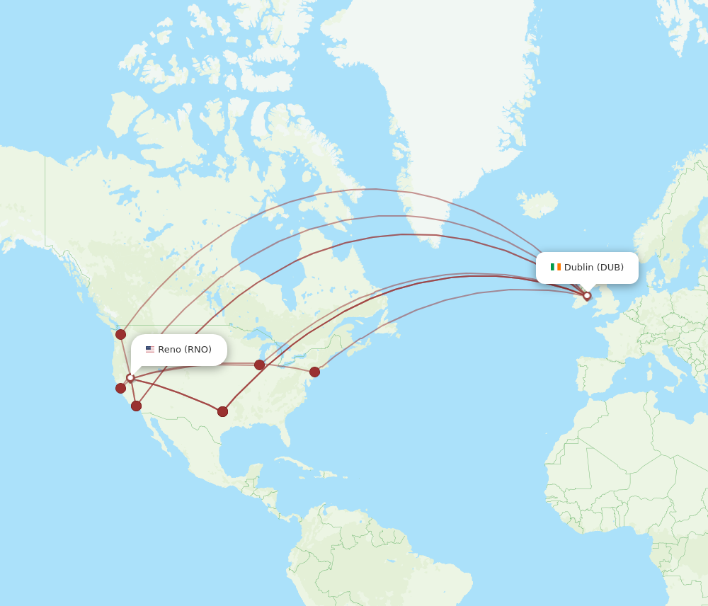 DUB to RNO flights and routes map