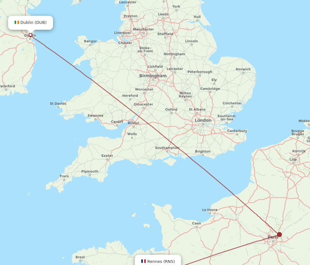 DUB to RNS flights and routes map