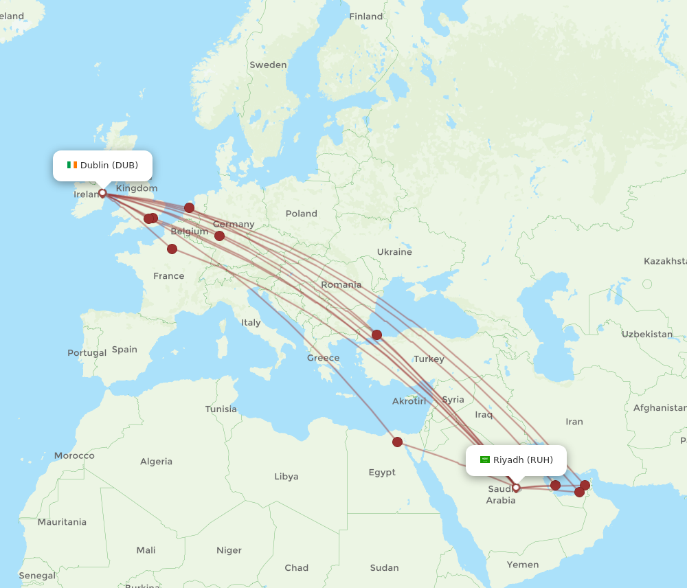 DUB to RUH flights and routes map