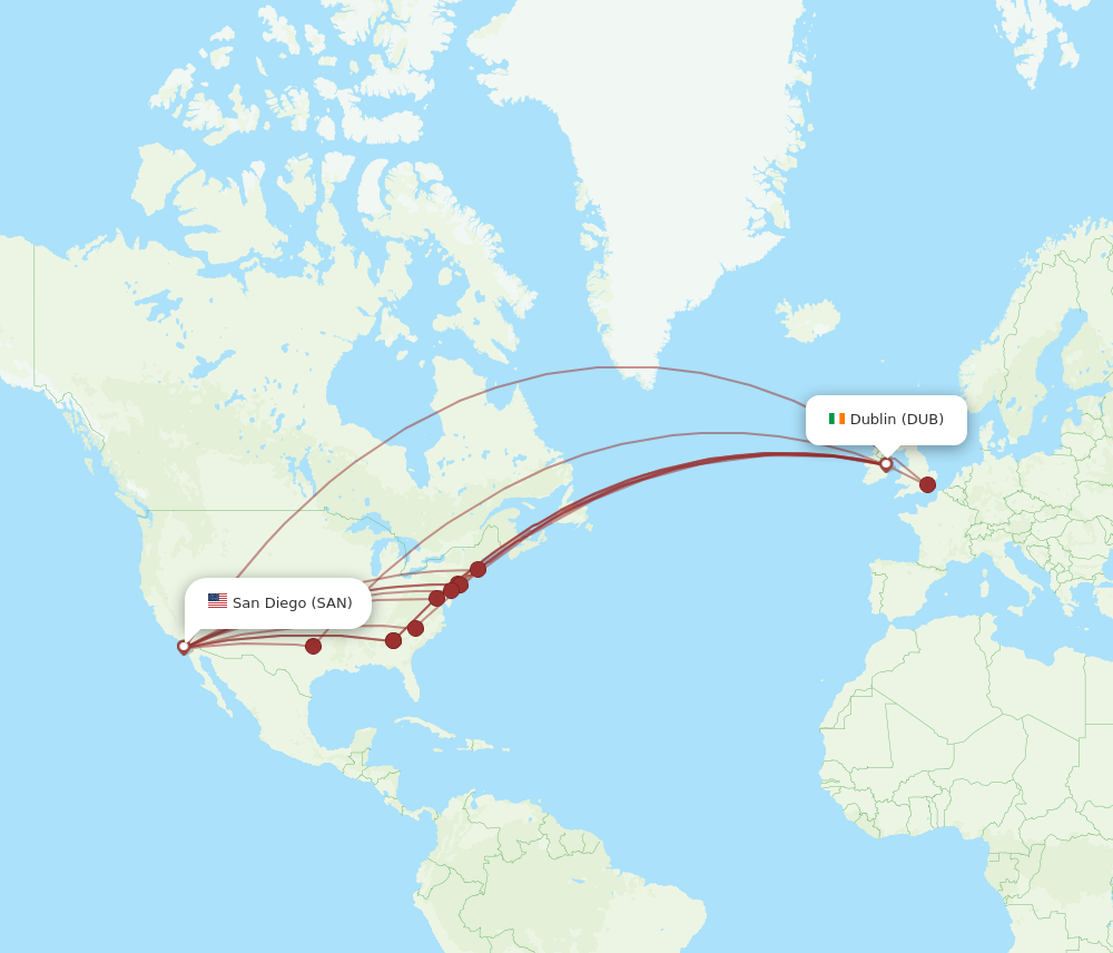 DUB to SAN flights and routes map