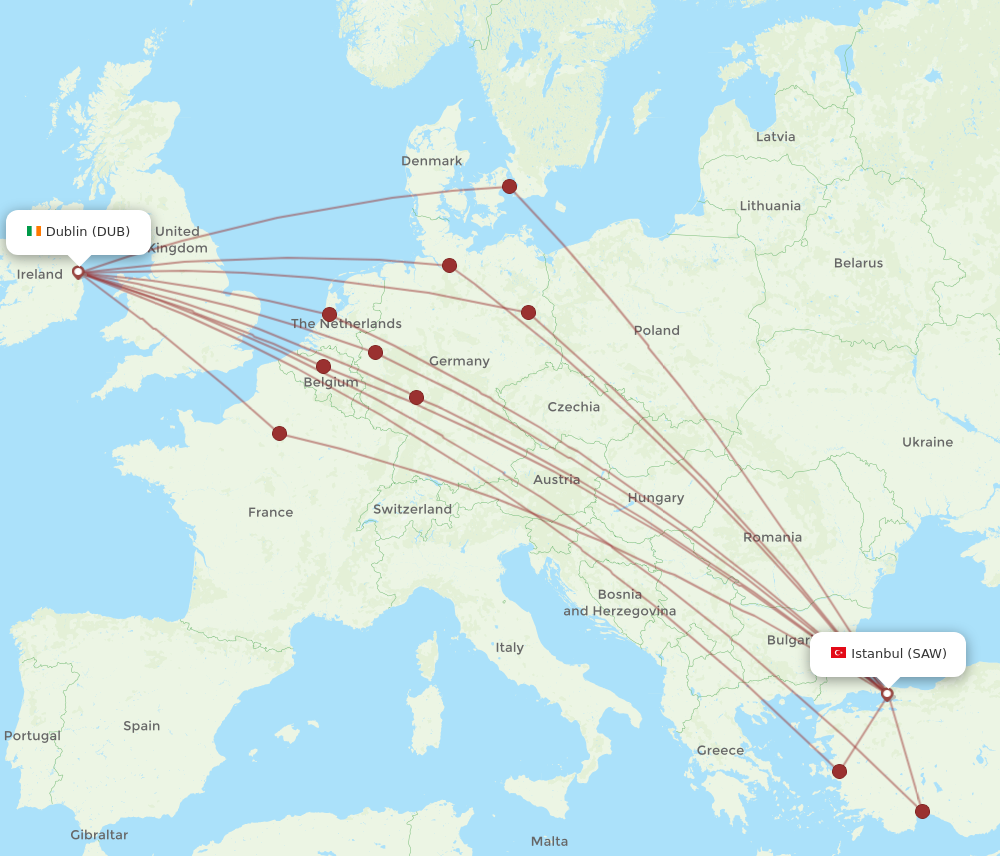 DUB to SAW flights and routes map