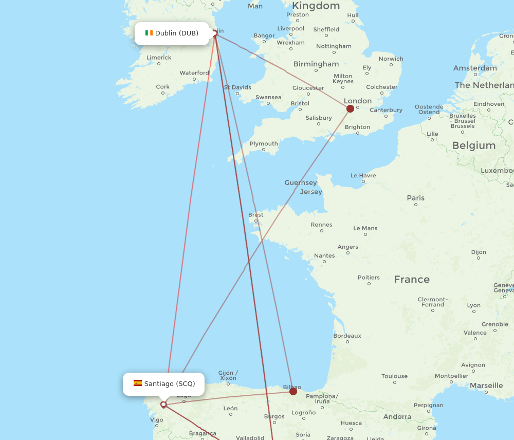 DUB to SCQ flights and routes map