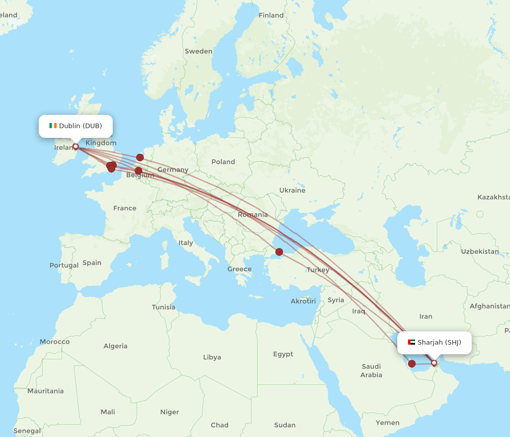 DUB to SHJ flights and routes map