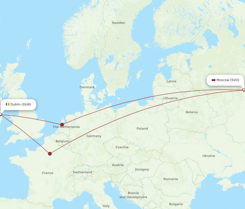 Dublin - Moscow route map and flight paths