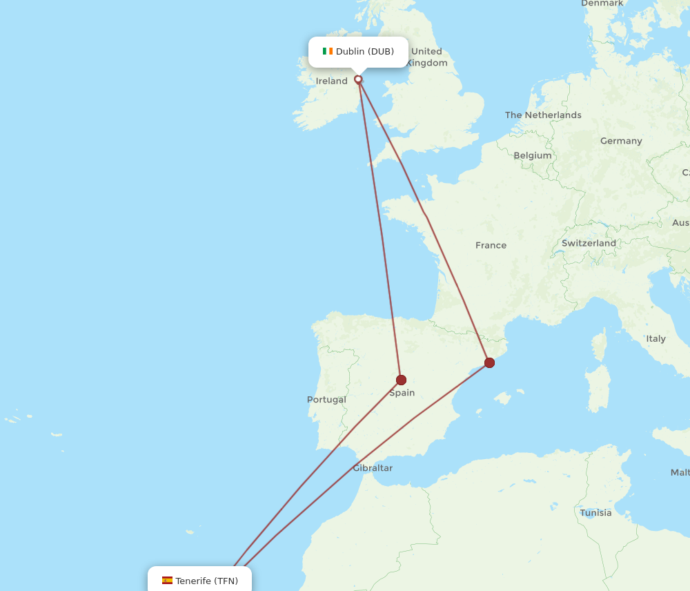 DUB to TFN flights and routes map