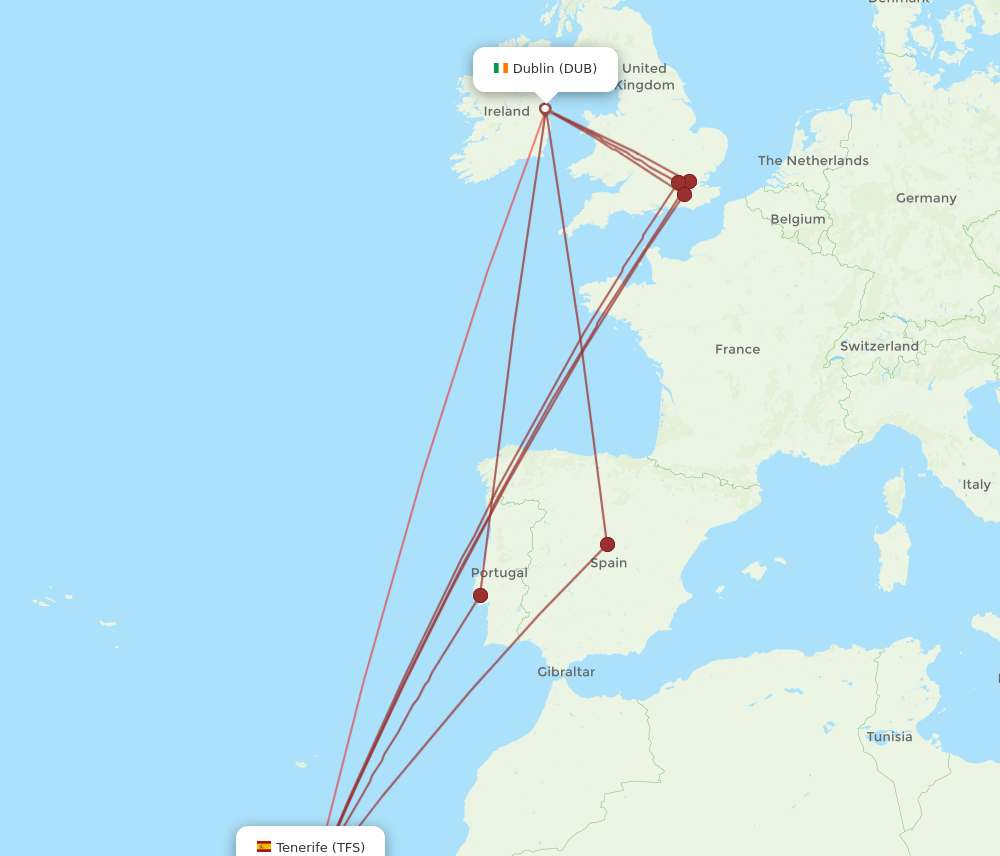 DUB to TFS flights and routes map