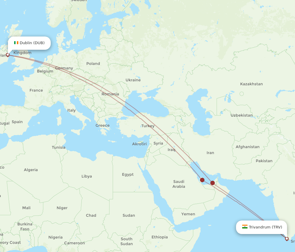 DUB to TRV flights and routes map