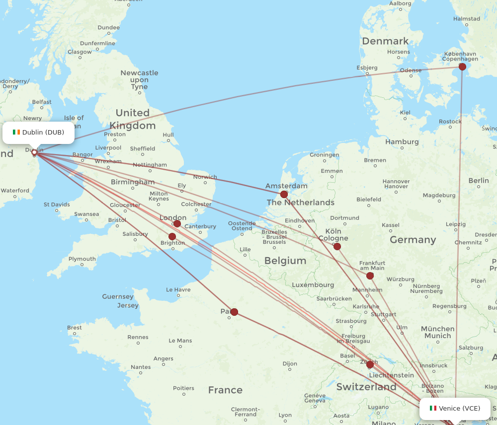 DUB to VCE flights and routes map