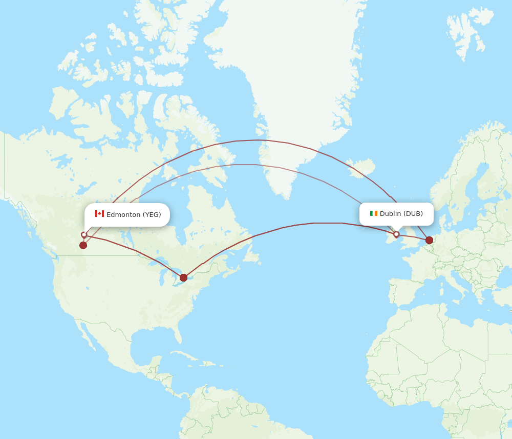 DUB to YEG flights and routes map