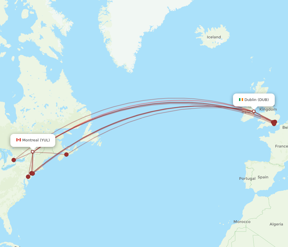 DUB to YUL flights and routes map