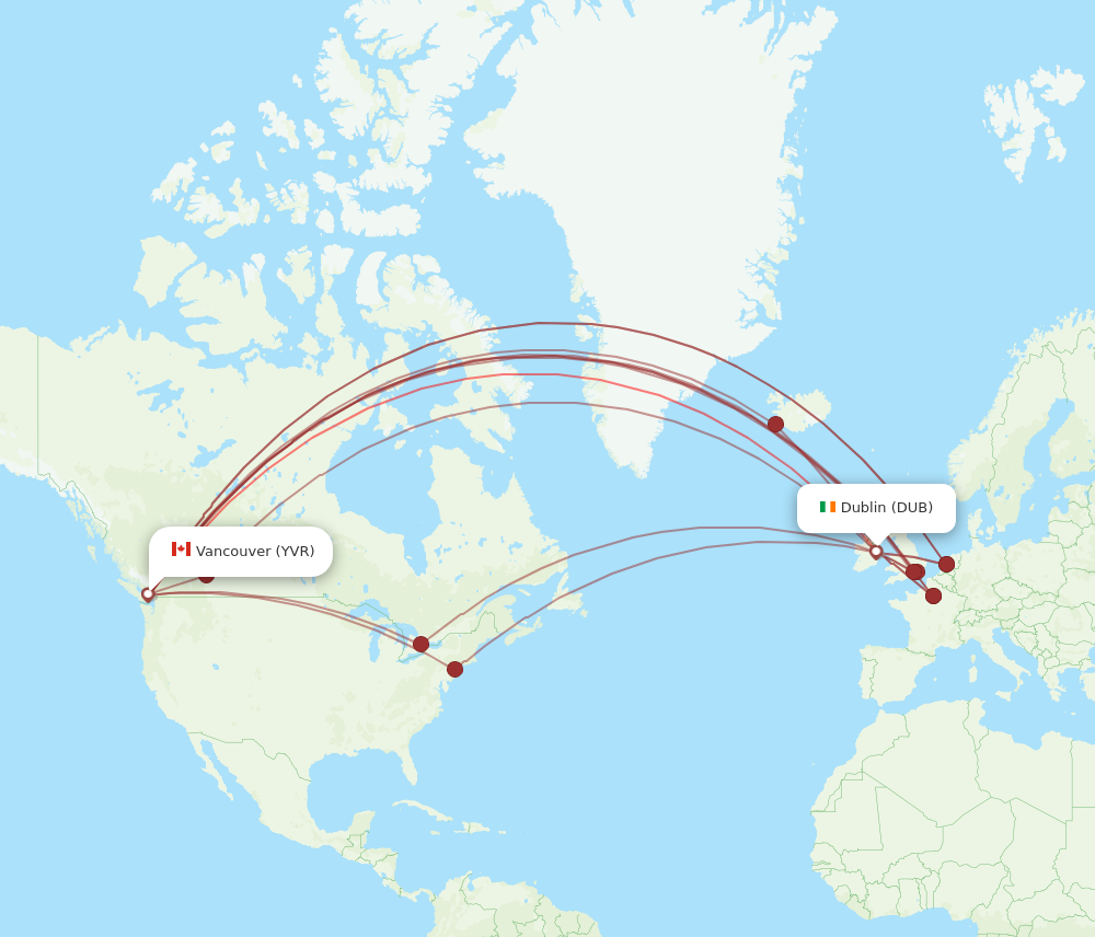 DUB to YVR flights and routes map