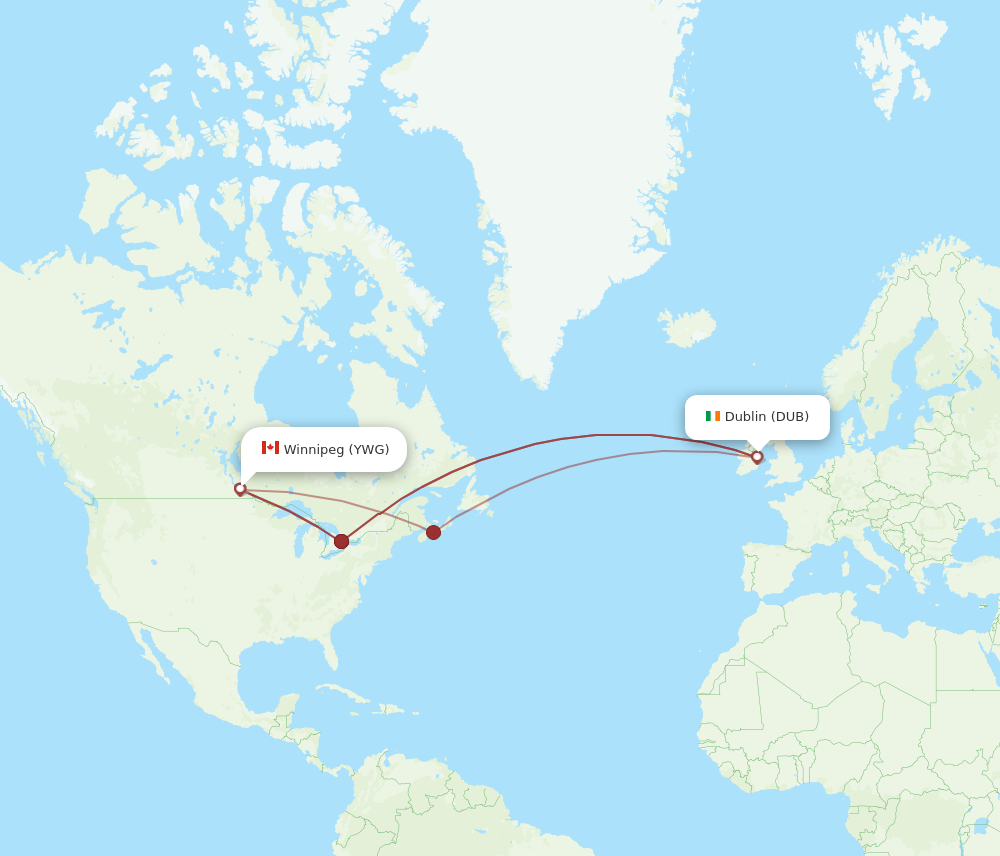 DUB to YWG flights and routes map