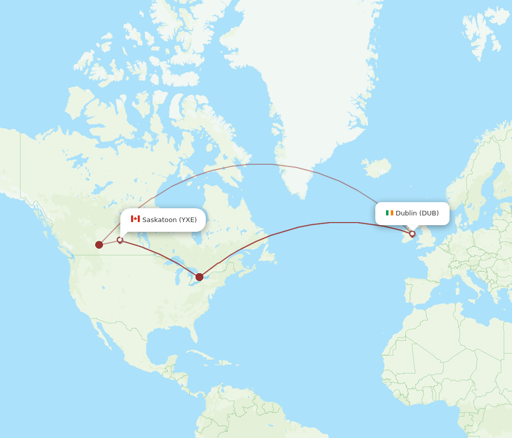 YXE to DUB flights and routes map