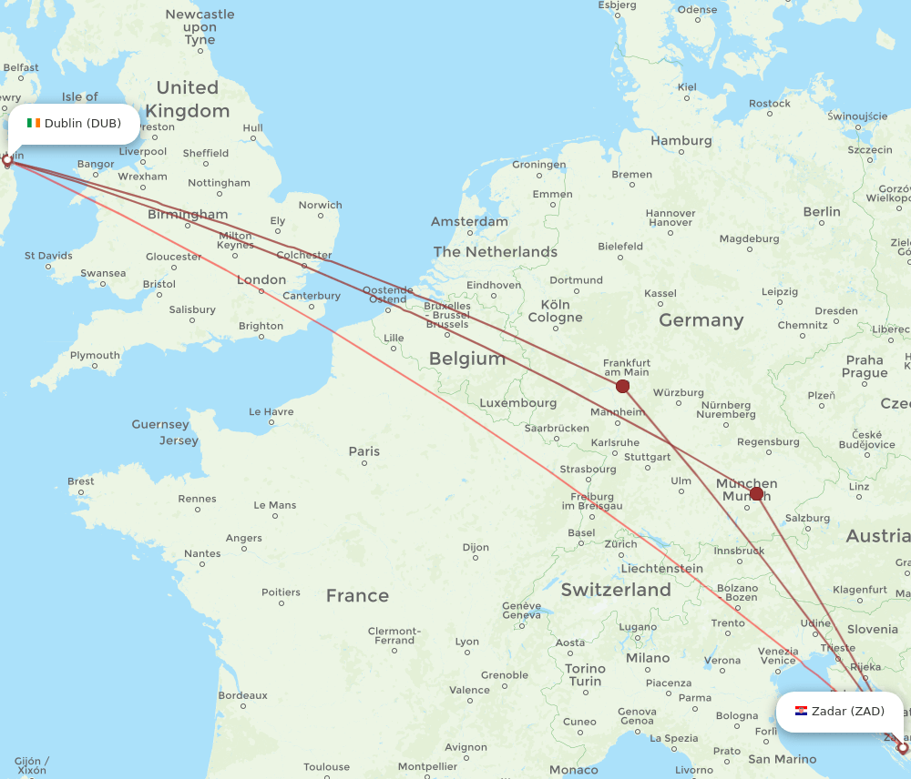 DUB to ZAD flights and routes map