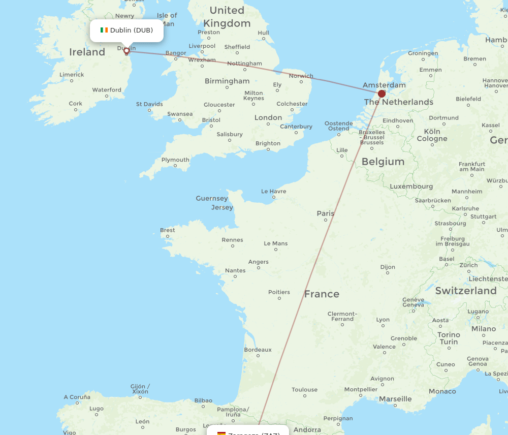 Dublin - Zaragoza route map and flight paths