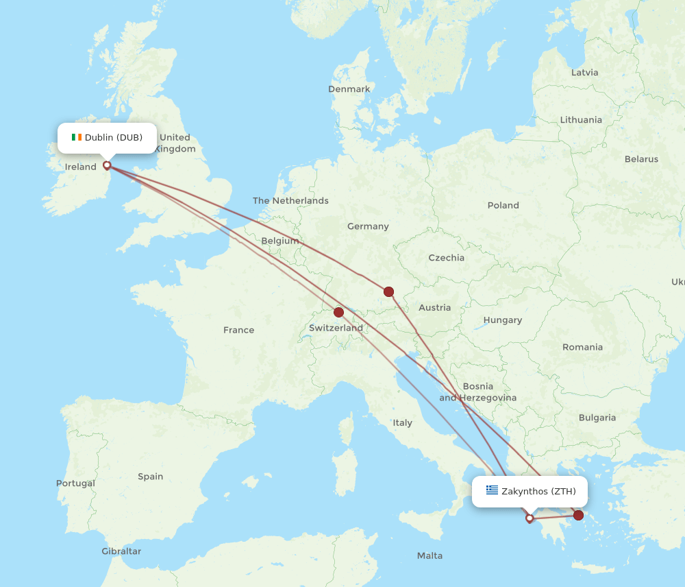 Zakinthos - Dublin route map and flight paths