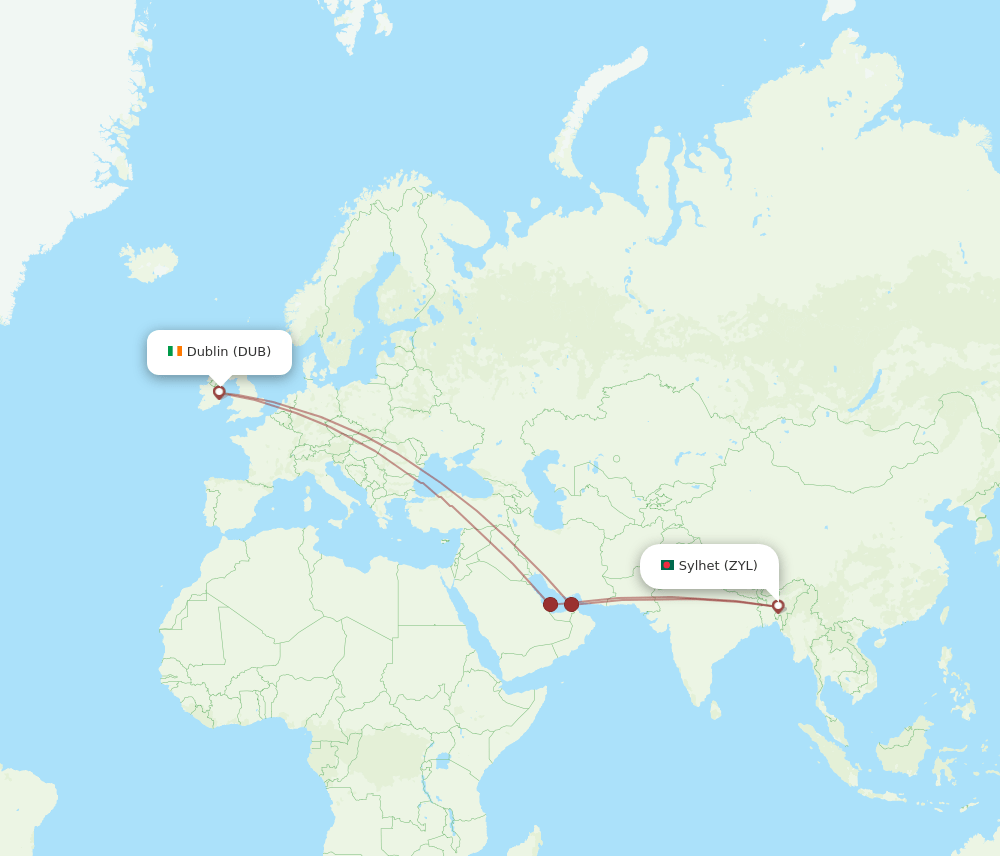 ZYL to DUB flights and routes map