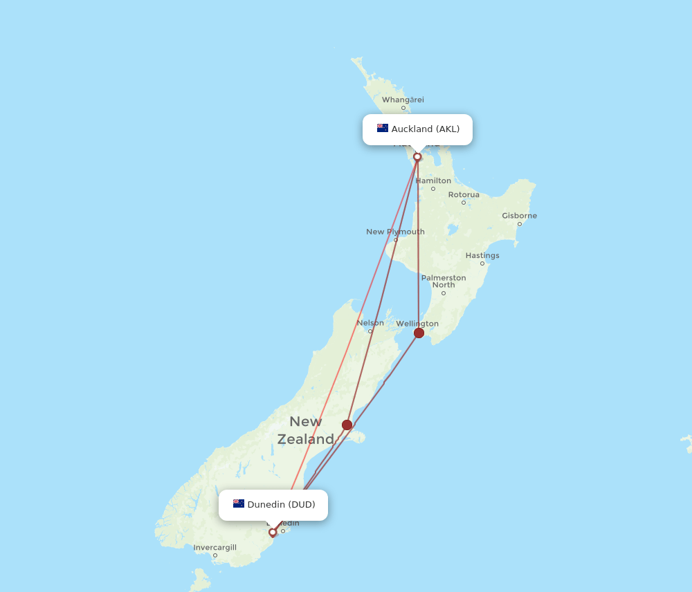 DUD-AKL flight routes