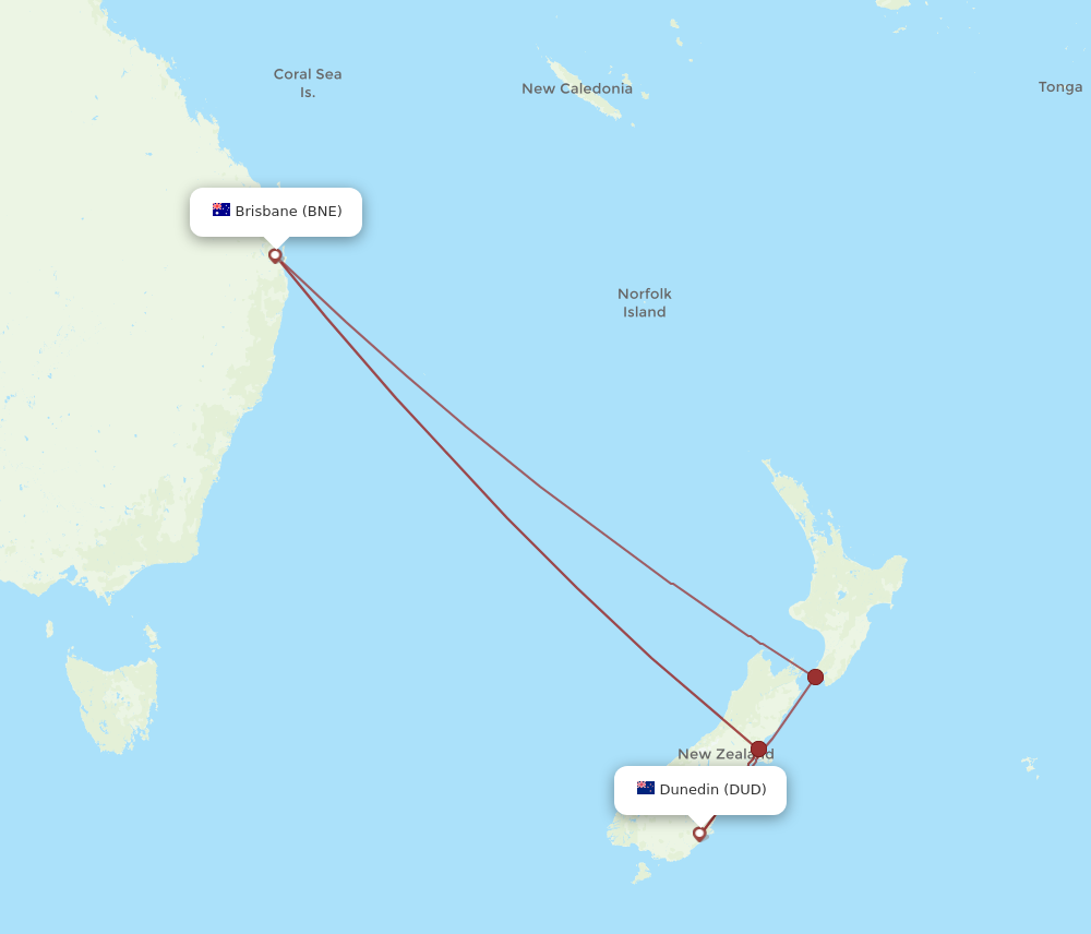 DUD to BNE flights and routes map